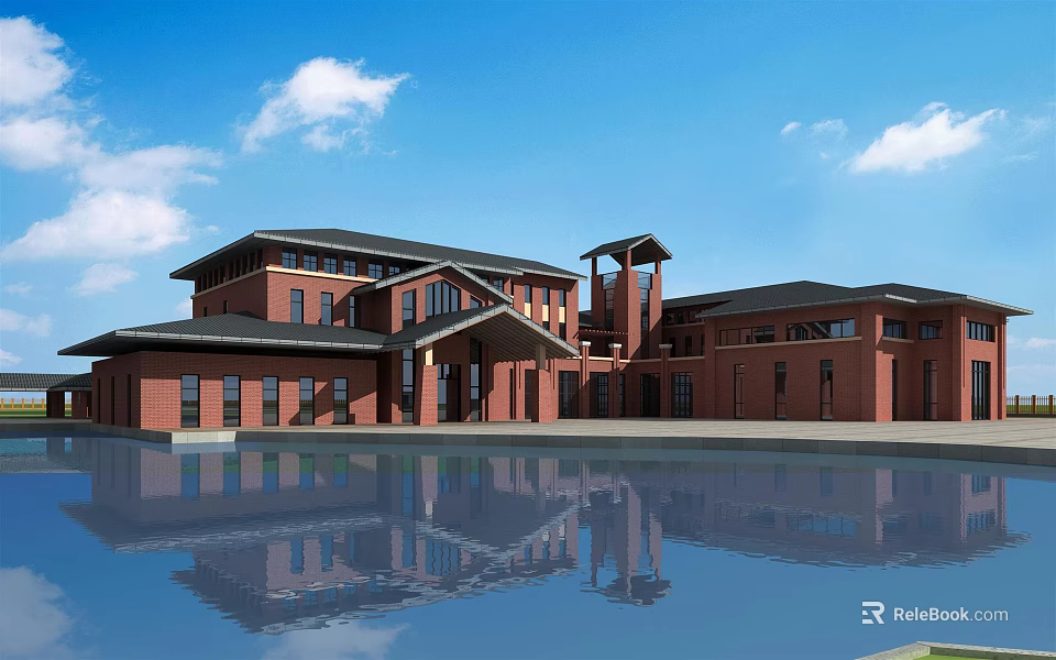 Red Brick Building With Multiple Floors Water Pool Reflection Under Blue Sky 3d model 