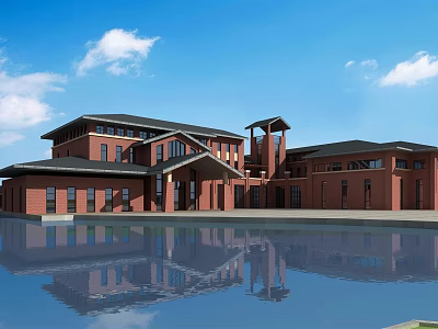 Red Brick Building With Multiple Floors Water Pool Reflection Under Blue Sky 3d model