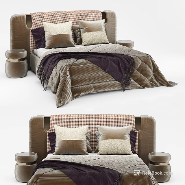 Luxurious Double Bed With Upholstered Headboard Plush Pillows And Cozy Bedspread 3d model