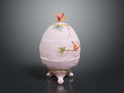 Butterfly and Bird Decorated Ceramic Egg Container with Painted Leaves and Ornate Stand 3d model