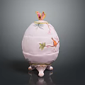 Butterfly and Bird Decorated Ceramic Egg Container with Painted Leaves and Ornate Stand