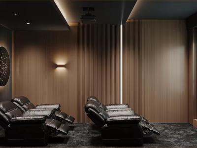 Modern Home Theater Interior With Dark Leather Sofas Wooden Walls Recessed Lighting And Projector 3d model