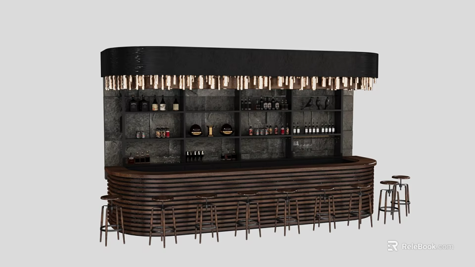 Modern Bar Counter With Dark Stone Top Hanging Pendant Lights Wooden Shelves And Bar Stools 3d model 