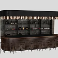 Modern Bar Counter With Dark Stone Top Hanging Pendant Lights Wooden Shelves And Bar Stools