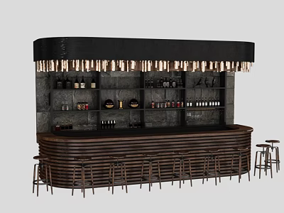Modern Bar Counter With Dark Stone Top Hanging Pendant Lights Wooden Shelves And Bar Stools 3d model