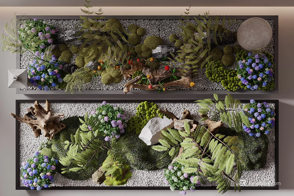 Natural Lush Moss Landscape With Ferns Purple Flowers Stones And Driftwood 3d model 