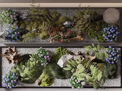 Natural Lush Moss Landscape With Ferns Purple Flowers Stones And Driftwood 3d model