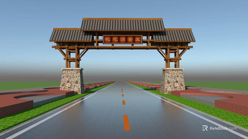 Traditional Wooden Archway Structure With Tiled Roof Stone Pillars And Plaque Over Road 3d model 