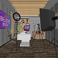 Modern Public Office Space With Large Screen Computer Chair Green Plant Sofa And Tripod Equipment