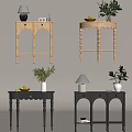 Various Design Console Tables With Table Lamp Plants Fruit Tray And Books 3d model