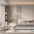 Modern Minimalist Bedroom Interior With Upholstered Bed Nightstands Decorative Lighting And Area Rug