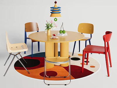 Round Dining Table Set With Multi Colored Chairs Colorful Pendant Light And Geometric Rug 3d model