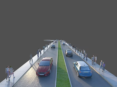 Many People Walking Along Urban Road With Cars On Lanes And Green Median 3d model