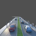 Many People Walking Along Urban Road With Cars On Lanes And Green Median