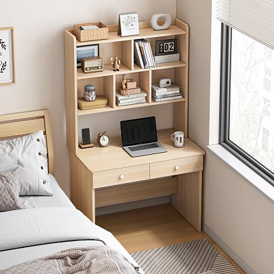 Minimalist Cozy Bedroom Desk With Bookshelf Laptop Alarm Clock And Cup 3d model