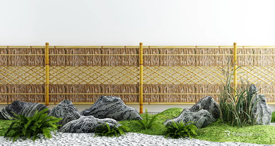 Courtyard Garden Design With Bamboo Fence Decorative Rocks Green Plants And Pebbles 3d model 