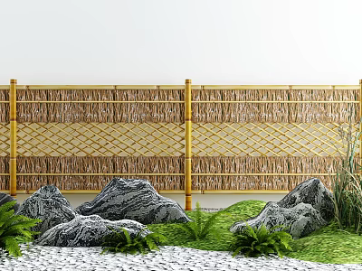 Courtyard Garden Design With Bamboo Fence Decorative Rocks Green Plants And Pebbles 3d model