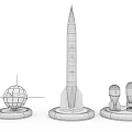 Military Rocket Weapon Display With Golden Sphere And Small Models On Platforms 3d model