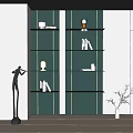 Modern Green Gold Accent Shelving Unit With Sculptures Books And Decorative Lamp