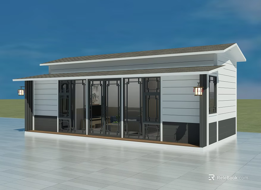 Modern Guesthouse Room Exterior with Glass Doors White Walls and Gray Roof 3d model 