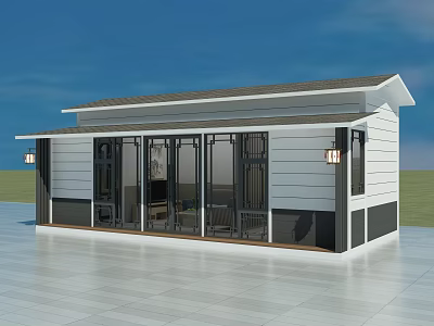 Modern Guesthouse Room Exterior with Glass Doors White Walls and Gray Roof 3d model