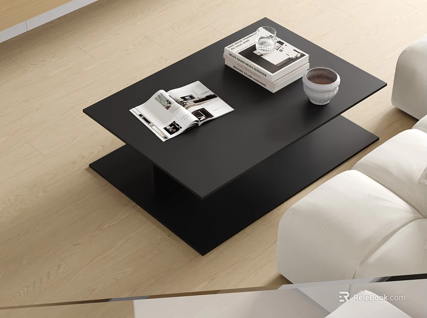 Modern Black Coffee Table with Stacked Magazines and Coffee Cup in Living Room 3d model 
