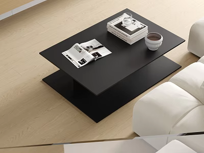 Modern Black Coffee Table with Stacked Magazines and Coffee Cup in Living Room 3d model