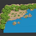 Cartoon Island Scene With Blue Water Green Trees Sandy Beach And Palm Trees