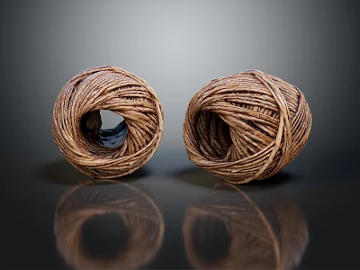 Two Brown Coiled Twine Balls Placed On Black Reflective Surface 3d model