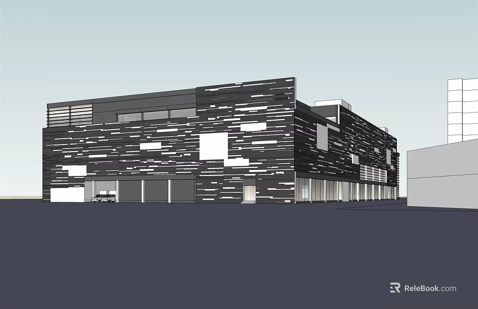 Multi Storey Modern Commercial Complex Featuring Black And White Geometric Facade 3d model