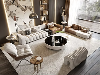 Luxury Modern Living Room White Sofa Round Black Coffee Table Set With Large Window View 3d model