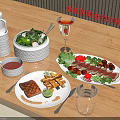 Fresh Delicious Grilled Meat Salad And Fried Items With Sauce On Dining Table