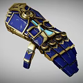 Blue And Gold Mechanical Glove With Intricate Geometric Patterns And Metallic Components