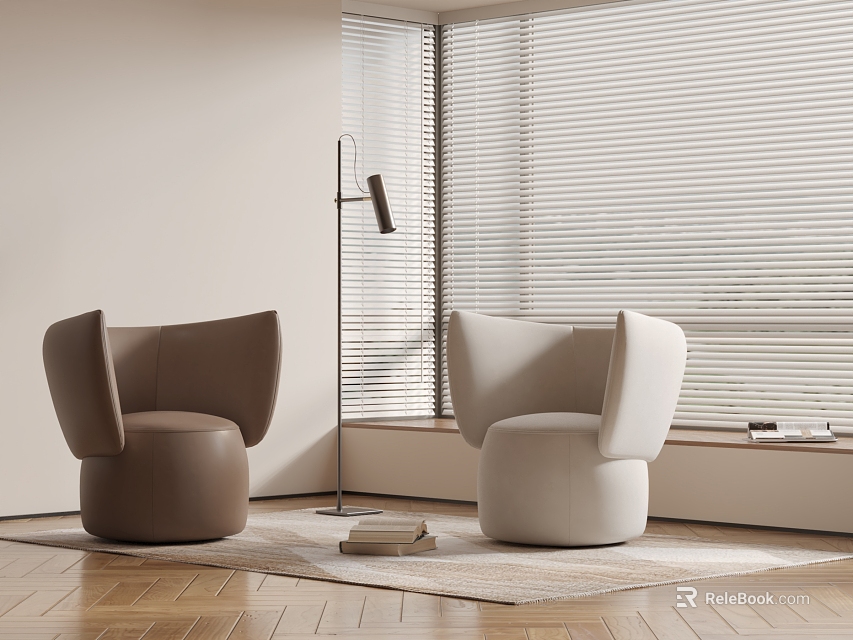 Modern Minimalist Brown and Beige Armchairs with Floor Lamp Wooden Floor and Rug 3d model 
