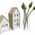 Decorative Ornamental Set With Test Tube Plants Red Pot House Model White Vase Green Decor