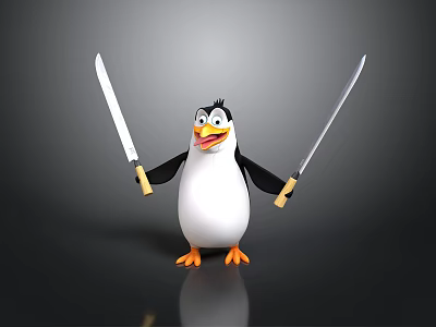 Cartoon Penguin Holding Two Knives Standing On Dark Surface With Happy Expression 3d model