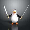 Cartoon Penguin Holding Two Knives Standing On Dark Surface With Happy Expression 3d model