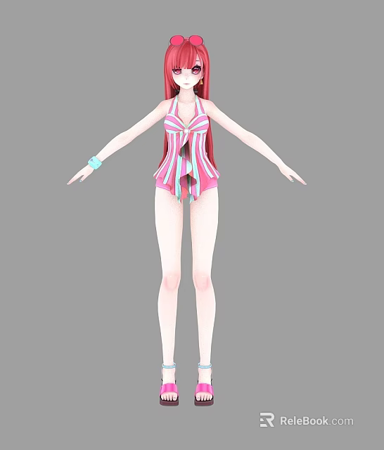 A Woman in pink white striped swimsuit with red long hair blue wristband white shoes 3d model 