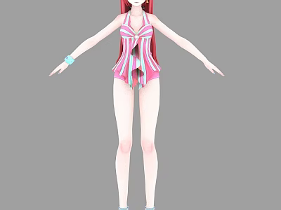 A Woman in pink white striped swimsuit with red long hair blue wristband white shoes 3d model