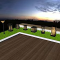 Outdoor Lantern Style Lights Around Wooden Deck Grass Area Dusk Open Field Background