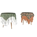 Two Wooden Stools With Floral Tablecloths White Lace And Orange Fabric Bases