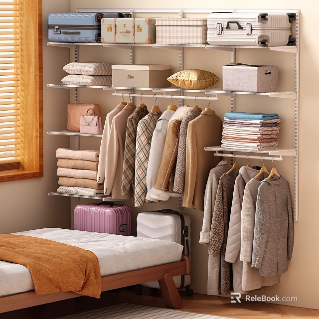 Metal Clothes Hangers in Closet Hanging Various Clothes with Folded Towels Storage Boxes and Luggage 3d model 