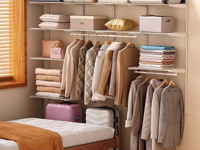 Metal Clothes Hangers in Closet Hanging Various Clothes with Folded Towels Storage Boxes and Luggage 3d model
