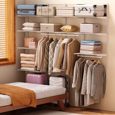 Metal Clothes Hangers in Closet Hanging Various Clothes with Folded Towels Storage Boxes and Luggage 3d model