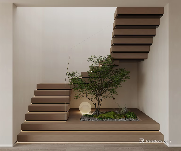 Modern Brown Floating Staircase With Small Tree Round Decor And Green Plants 3d model 