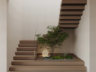 Modern Brown Floating Staircase With Small Tree Round Decor And Green Plants 3d model