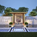 Modern Landscape Wall Design With Lush Trees Water Pool Steps And Lighting 3d model