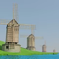 Row of Traditional Wooden Windmills With Large Rotating Blades Stone Bases and Green Hillside