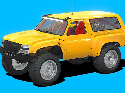 Yellow Off Road Car With Large Tires Red Seats And Roof Antenna 3d model
