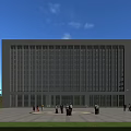 Modern Office Building Exterior With Large Glass Windows Front Plaza People Gathering And Blue Sky Background